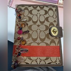 Coach Brown Sig Turnlock Planner Agenda Notebook Cover with Red Stripe and Charm